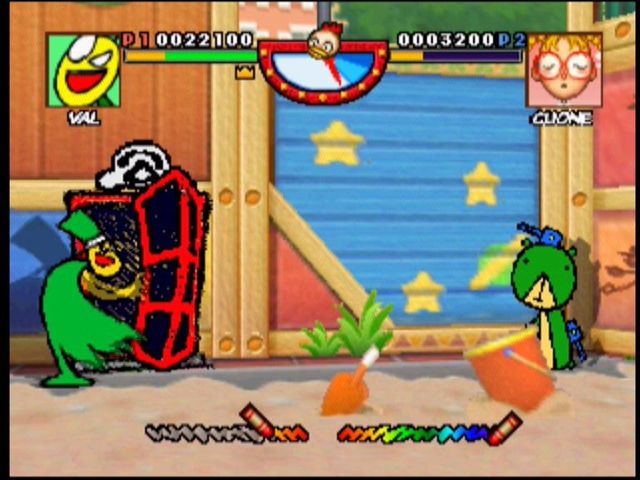 Rakugakids (Nintendo 64) screenshot: Mamezo's special is calling for a pizza, which causes a motorbike to run the opponent over
