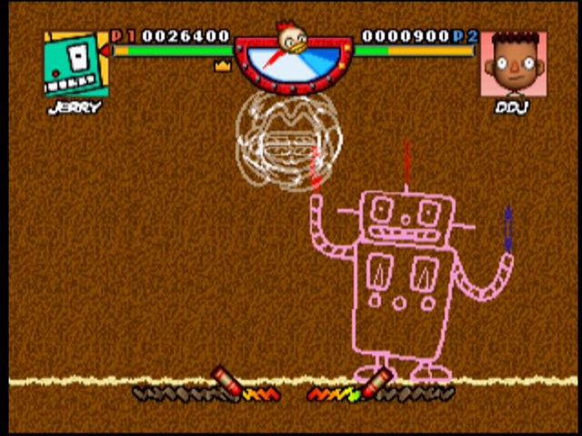 Rakugakids (Nintendo 64) screenshot: Cat.Kit leaps at Robot C.H.O.