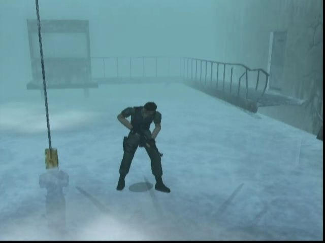 Resident Evil: Code: Veronica (Dreamcast) screenshot: Chris on a block of ice; notice the unusually large spider beneath the surface