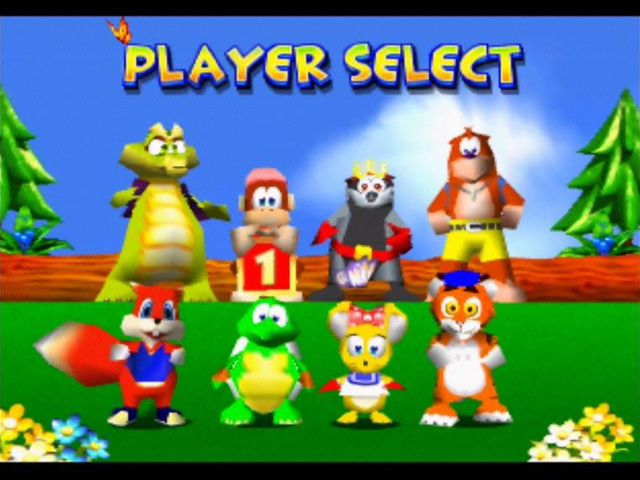 Diddy Kong Racing (Nintendo 64) screenshot: The initial eight - Krunch, Diddy, Bumper, Banjo, Conker, Tiptup, Pipsy, and Timber