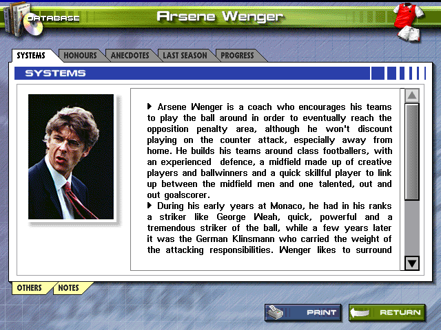 Premier Manager 98 (Windows) screenshot: Database manager information