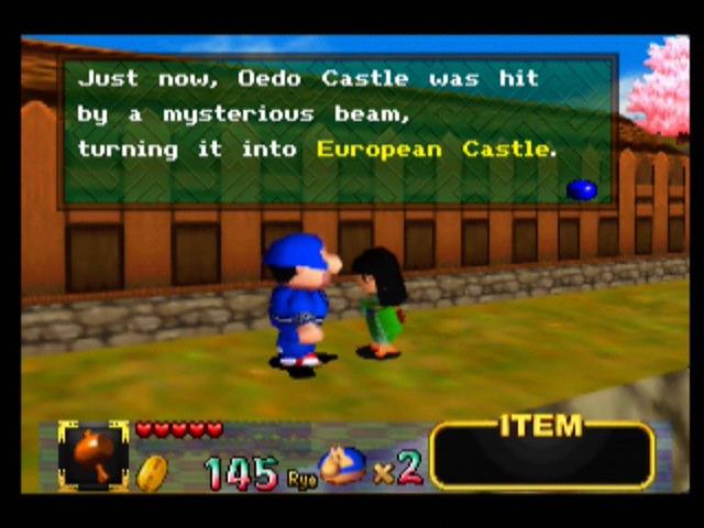Mystical Ninja Starring Goemon (Nintendo 64) screenshot: The game's plot, summarised in a text box
