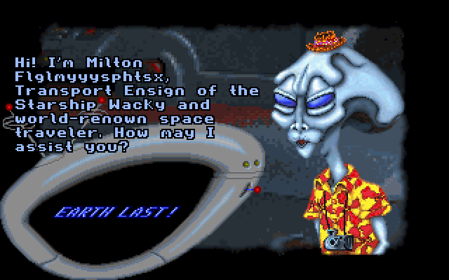 The Geekwad: Games of the Galaxy (DOS) screenshot: Meet the Tourist. Play Earth Last! or his Mysteries of Earth Trivia game.
