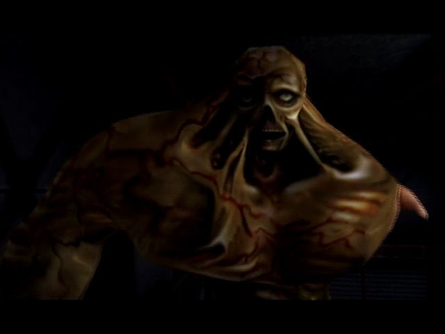 Resident Evil: Code: Veronica (Dreamcast) screenshot: Claire meets a particularly disgusting enemy-- the Bandersnatch