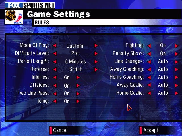 NHL Championship 2000 (Windows) screenshot: A lot of game options can be tweaked