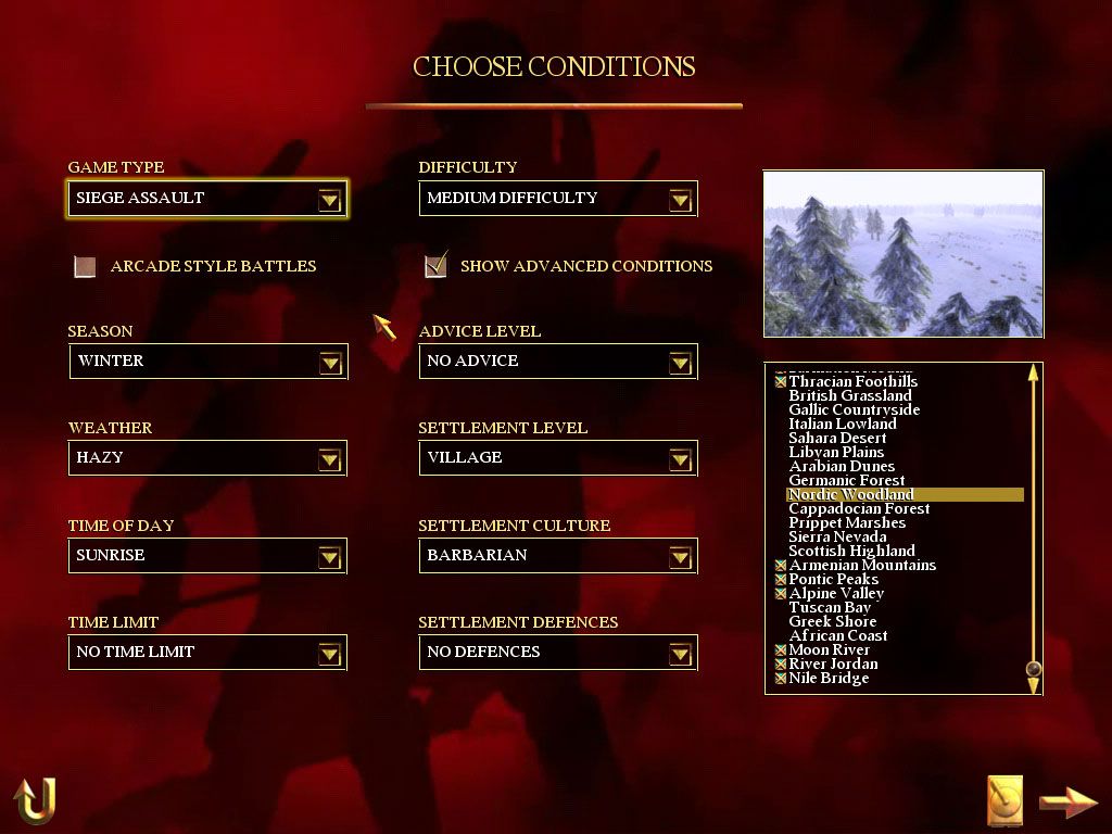Rome: Total War (Windows) screenshot: Custom battle settings
