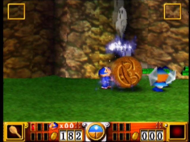 Goemon's Great Adventure (Nintendo 64) screenshot: You can push this boulder into multiple enemies to destroy them.