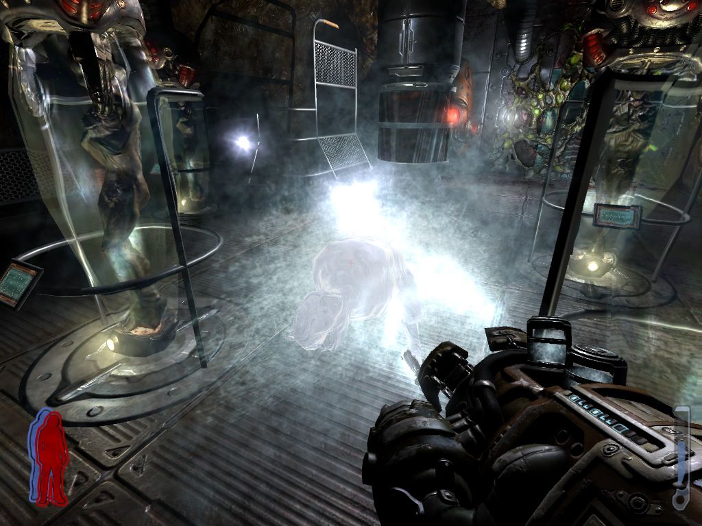 Prey (Windows) screenshot: Freezing a dog-like creature with the leech gun.