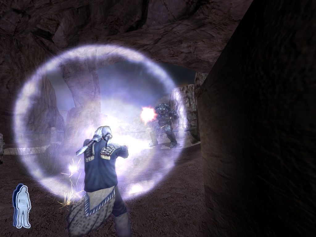 Prey (Windows) screenshot: Your grandfather Enisi defends himself against an alien attack.