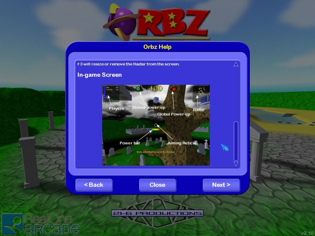Orbz (Windows) screenshot: Orbz help - in-game screen explanation
