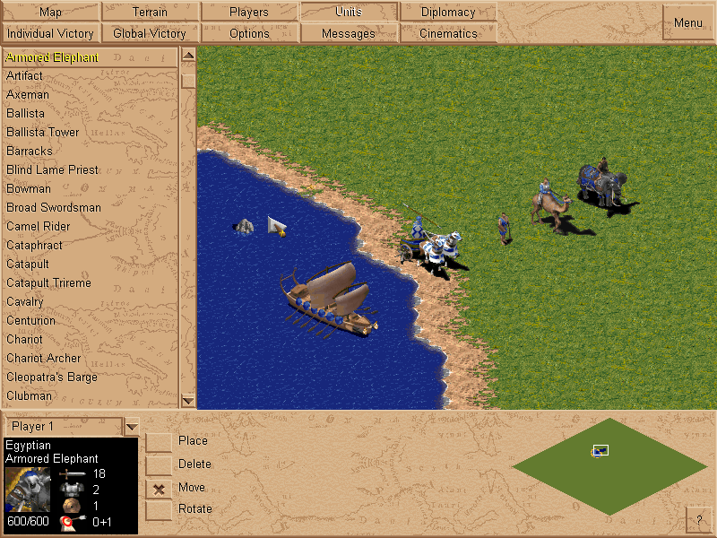 Age of Empires: The Rise of Rome (Windows) screenshot: Presenting the five new units: Fire Galley, Scythe Chariot, Slinger, Camel Rider and Armored Elephant
