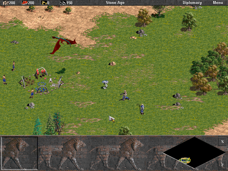 Age of Empires: The Rise of Rome (Windows) screenshot: Cheating around in this game; A tiny mecha, a baby in a trike and a priest who instead of converting summons a bolt of lightening on his foes. And the hawks were eaten by that huge dragon.