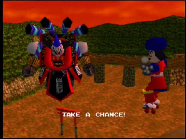 Mystical Ninja Starring Goemon (Nintendo 64) screenshot: The roller-skating Goemon Impact faces a... robot samurai.