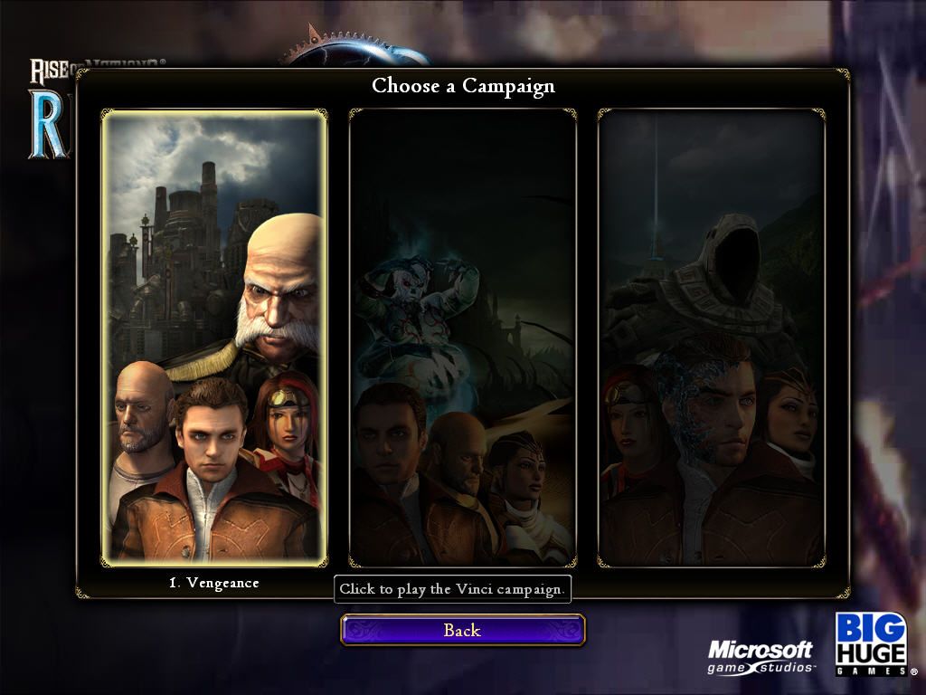 Rise of Nations: Rise of Legends (Windows) screenshot: The Campaign Menu: there are 3 Campaigns