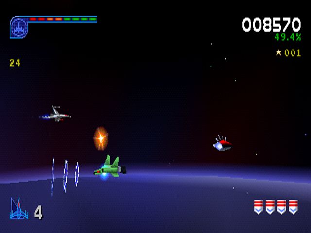 Galaga: Destination Earth (PlayStation) screenshot: Orbit Level Side On - Waiting to get captured.