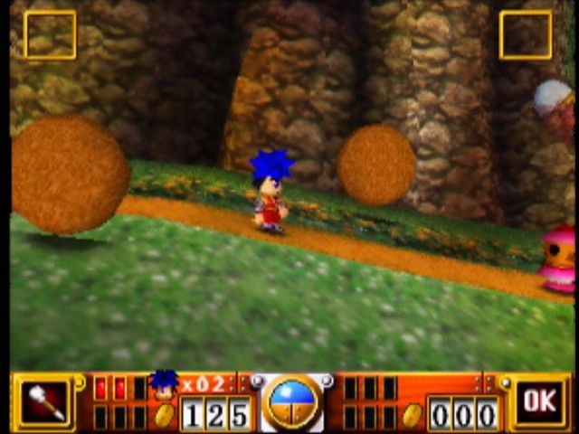 Goemon's Great Adventure (Nintendo 64) screenshot: You'll have to time your moves to dodge the boulders rolling towards the screen.