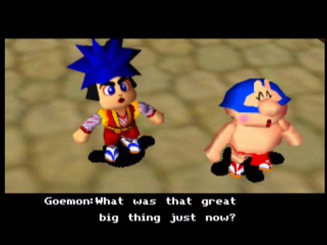 Mystical Ninja Starring Goemon (Nintendo 64) screenshot: Goemon and Ebisumaru spot a giant peach flying through the air