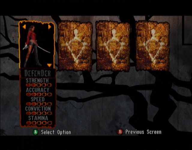 Hunter: The Reckoning (Xbox) screenshot: Each character has different strengths and weaknesses.