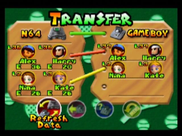 Mario Tennis (Nintendo 64) screenshot: This Transfer Menu allows you to transfer players from the Game Boy game to the Nintendo 64