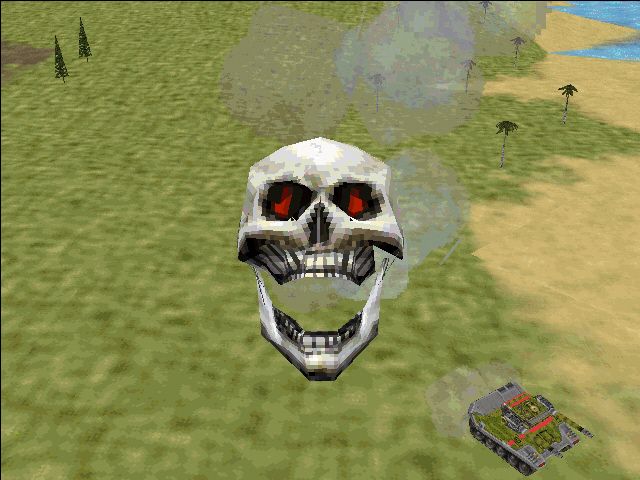 Return Fire 2 (Windows) screenshot: This skull laughs crazily, letting you know you've done something wrong.