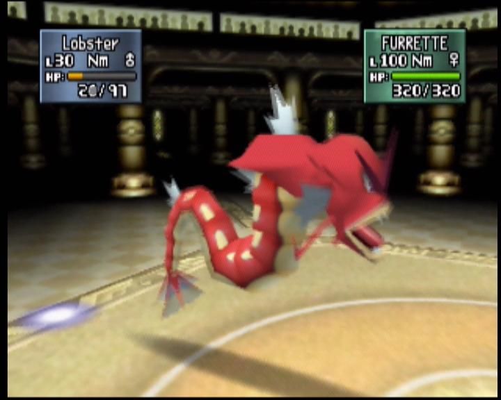 Pokémon Stadium 2 (Nintendo 64) screenshot: A rare Red Gyarados enters the stadium