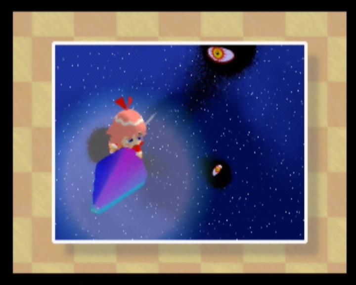 Kirby 64: The Crystal Shards (Nintendo 64) screenshot: Dark Matter is chasing after Ribbon the fairy