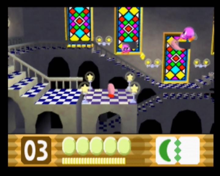 Kirby 64: The Crystal Shards (Nintendo 64) screenshot: Watch out for the Bronto Burts in the background - they'll fly towards you!