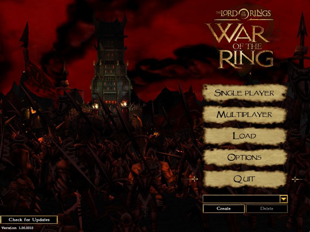 The Lord of the Rings: War of the Ring (Windows) screenshot: Main Menu.