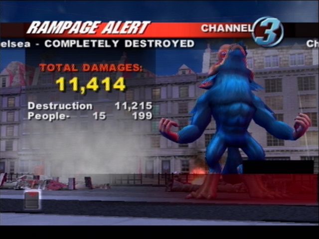 Rampage: Total Destruction (PlayStation 2) screenshot: After all the buildings are destroyed, your points are tallied up