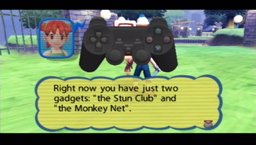 Ape Escape 2 (PlayStation 2) screenshot: Natsumi explains which gadgets you currently have.