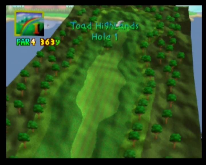 Mario Golf (Nintendo 64) screenshot: A fly-by of the first course, nice and easy