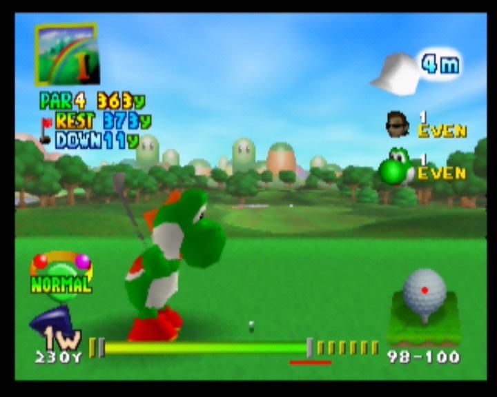 Mario Golf (Nintendo 64) screenshot: This is versus Yoshi - if you beat him, he becomes a selectable character