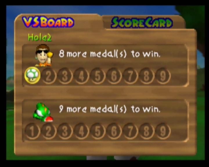 Mario Golf (Nintendo 64) screenshot: The score card shows how many matches you need to win