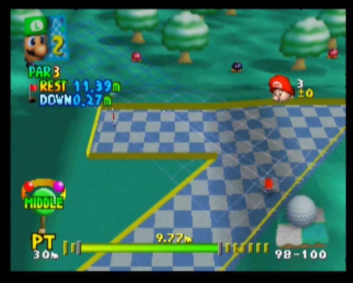 Mario Golf (Nintendo 64) screenshot: Baby Mario needs to be careful, this level has inclines, too
