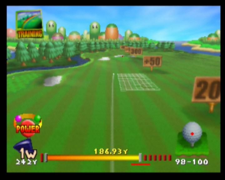 Mario Golf (Nintendo 64) screenshot: Luigi has a practice hit on the Driving Range