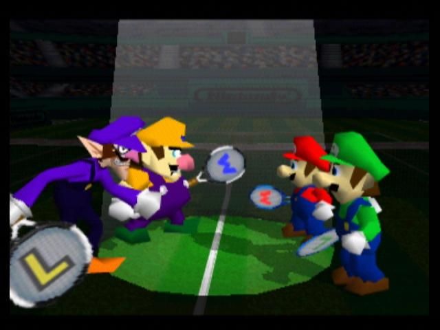 Mario Tennis (Nintendo 64) screenshot: The two pairs of brothers face off