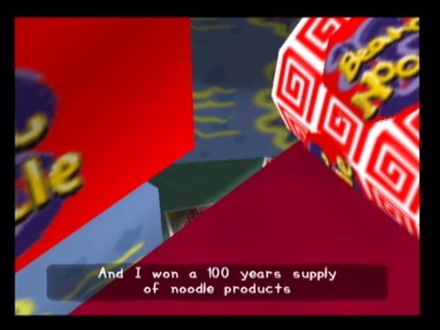 PaRappa the Rapper 2 (PlayStation 2) screenshot: PaRappa has won a lifetime supply of noodles, and now can't stand them