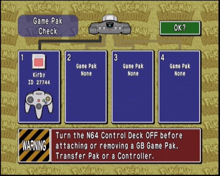Pokémon Stadium (Nintendo 64) screenshot: This screen appears before you start the game, and shows you which ports have which Pokémon versions