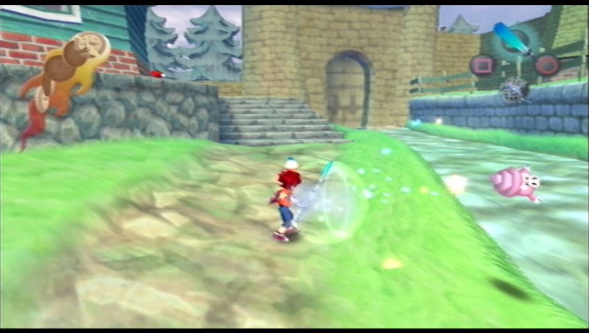 Ape Escape 2 (PlayStation 2) screenshot: Whacking the pig monster sends it flying!