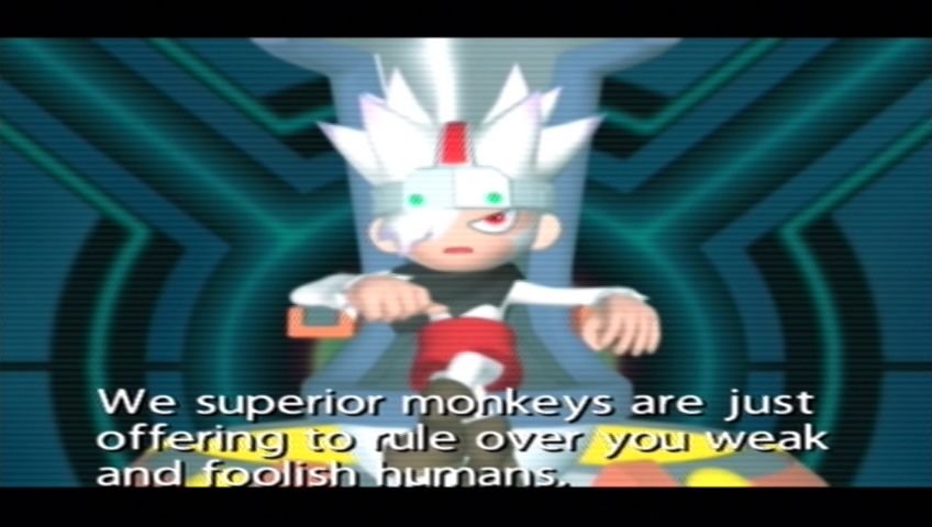 Ape Escape 2 (PlayStation 2) screenshot: Specter suggests his plan to Natsume and Hikaru.