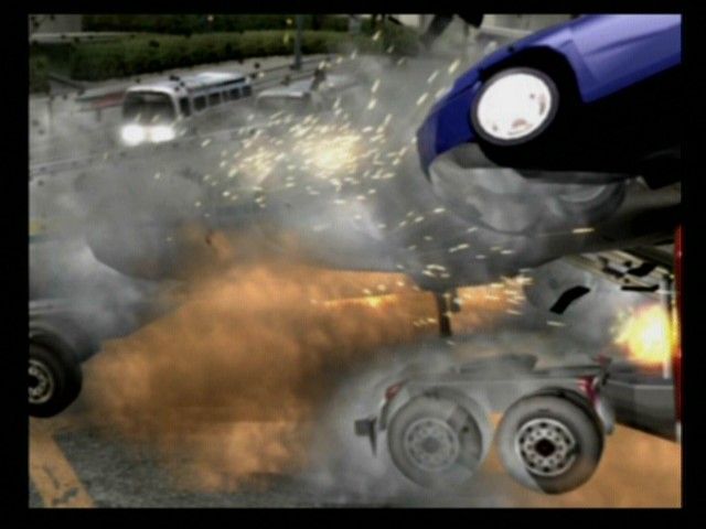 Burnout 3: Takedown (PlayStation 2) screenshot: Middle of Intro Movie showing a crash