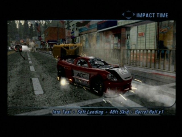 Burnout 3: Takedown (PlayStation 2) screenshot: Car crash during a road rage event where the goal is to crash into other cars. During a player crash different aspects of the crash are rated on the bottom of the screen.