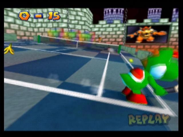 Mario Tennis (Nintendo 64) screenshot: The tilting of the court can affect the outcome of the shot