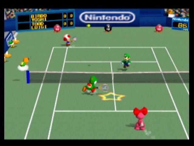 Mario Tennis (Nintendo 64) screenshot: If you hit your shot while in the star, your return will be more powerful