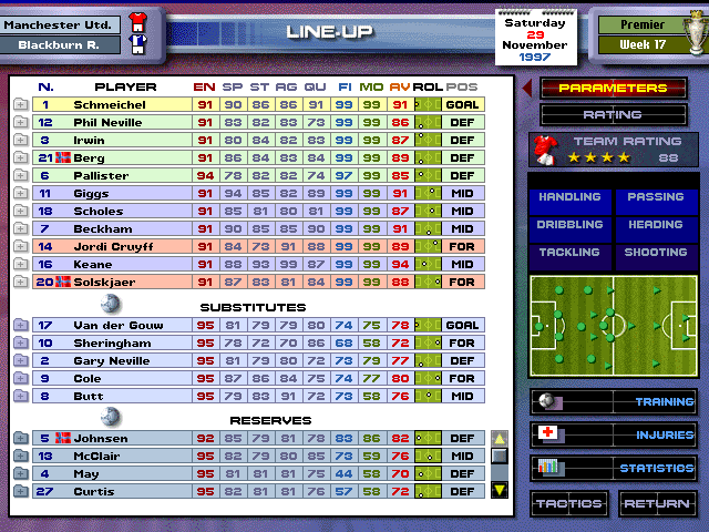 Premier Manager 98 (Windows) screenshot: Squad selection screen