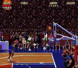 NBA Jam (SNES) screenshot: It's a rebound!