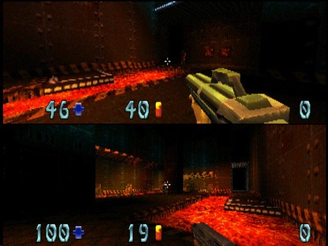 Quake II (PlayStation) screenshot: Split-screen multiplayer in The Forge