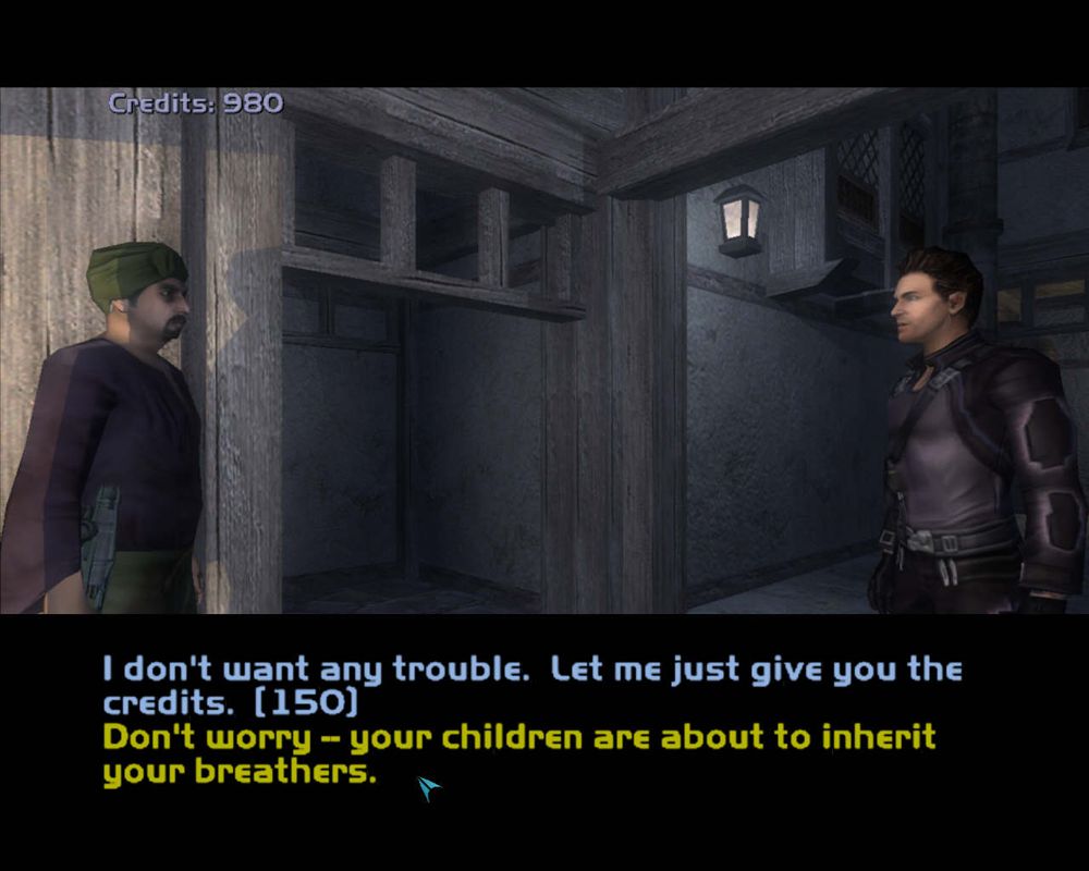 Deus Ex: Invisible War (Windows) screenshot: What's that, punk?? You trying to mug me??