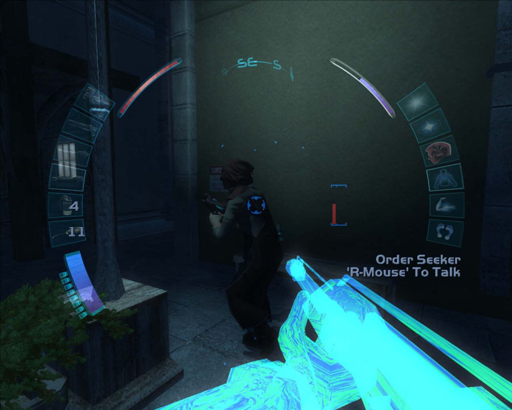 Deus Ex: Invisible War (Windows) screenshot: Stealth upgrades ensure this poor seeker receives an unexpected end.