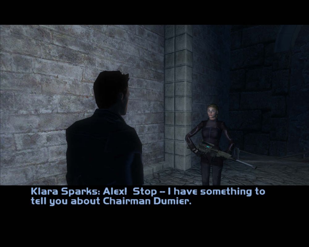 Deus Ex: Invisible War (Windows) screenshot: Your former classmate, Klara, returns with some distressing news